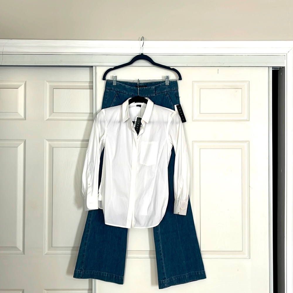 Theory set flare jeans and white long sleeve